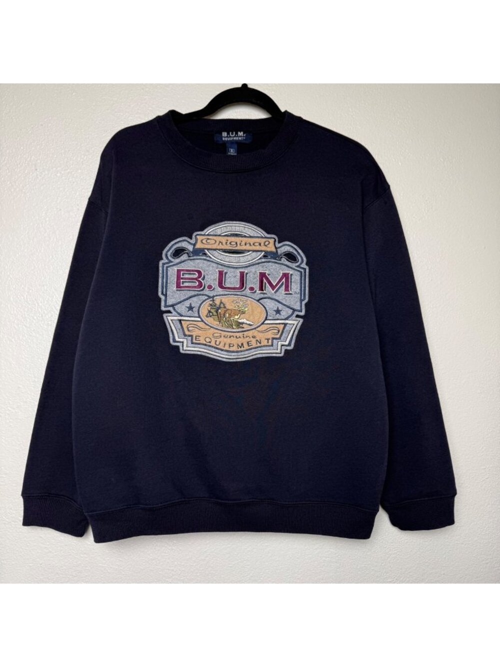 Vintage B.U.M. Equipment Navy Sweatshirt With Deer Patch Design Size S